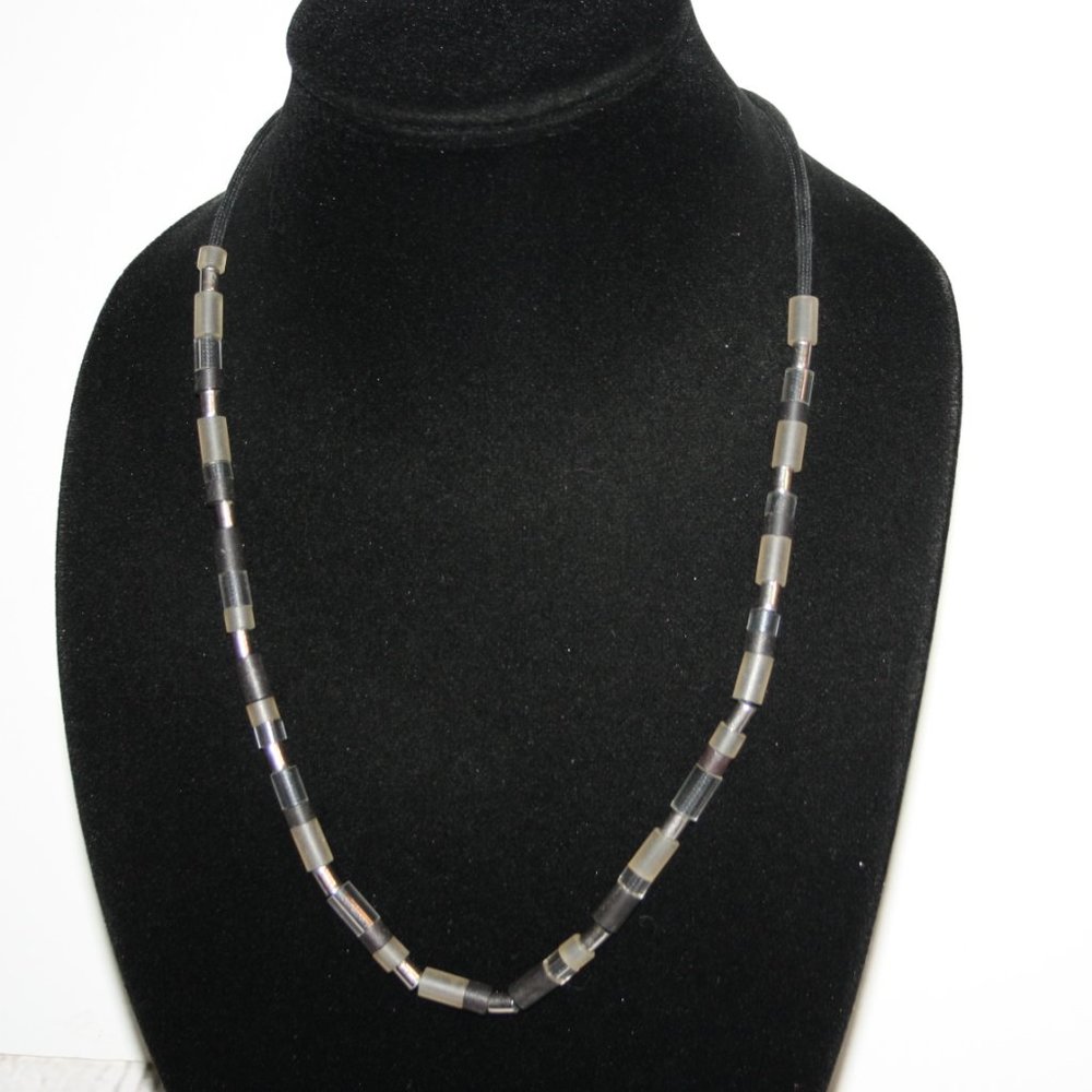 🖤✨ Black Cord Necklace with Black & Clear Beads – 24" · Sculptural Shine